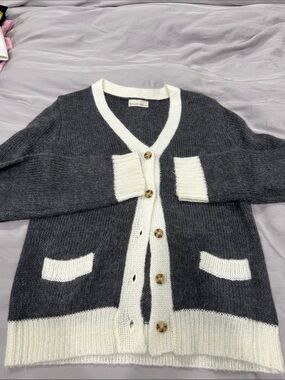 BE COOL Charcoal & Cream V-Neck Button Cardigan M